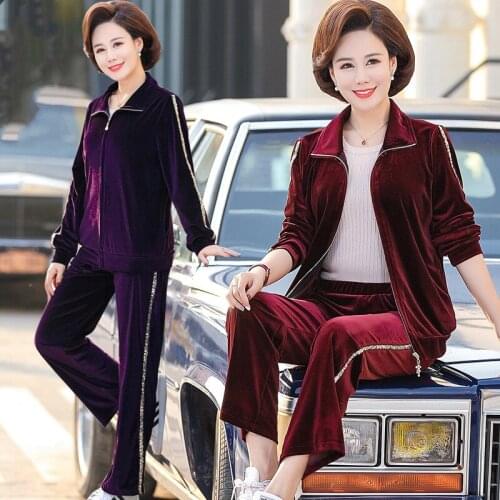 Women Velvet Tracksuits Two Piece Outfits Spring Middle-aged Mother Casual Zipper Jacket+Full Pants Gold Velvet Outfit Set Y190