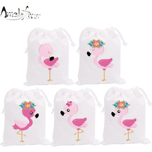 Flamingo Theme Party Favor Flower Bags Candy Bags Holiday Vacation Birthday Gift Bags Animals Party Decorations Supplies 5PCS