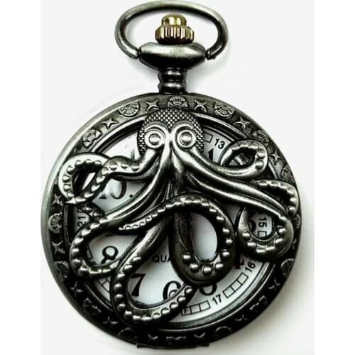 50pcs/lot Big Size Black Steampunk Octopus Pocket Watch with Necklace Pendant Watch