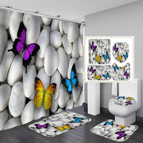 Butterfly Pebbles Stones Shower Curtain Set Bath Mats Rugs Durable Bathroom Curtains Pedestal Rug Lid Toilet Cover Anti-slip Mat