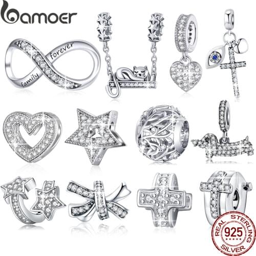 BAMOER Big Charms Real Sterling Silver 925 Infinity Family Forever Clear Crystal Charm for Original 925 Brand Bracelet SCC1146