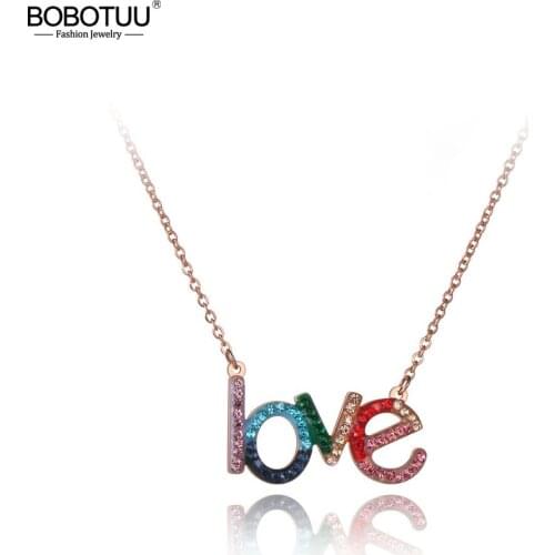 BOBOTUU Rose Gold Stainless Steel Colorful CZ Crystal LOVE Choker Necklaces For Women Girl Trendy Charm Pendant Necklace BN19185