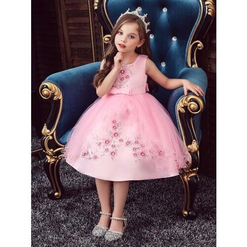 Kids dresses for girls new o neck embroidered princess dress girl cute sleeveless wedding dresses with beads belt Kids costume