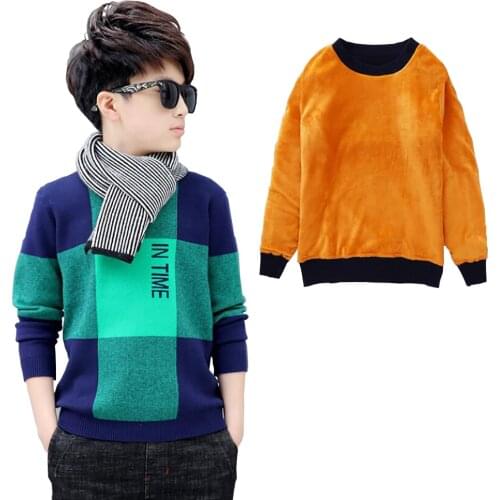 Boys winter velvet sweater kids Warm Pullovers plush inside Knitted sweaters Loose jacket 4-13T teenage plaid O-neck sweaters