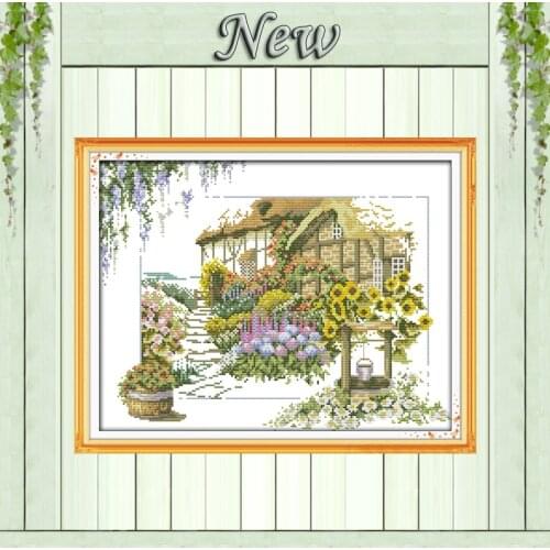 Flowers villahome garden Scenic paintings counted print on fabric DMC 14CT 11CT DIY Cross Stitch Needlework kits Embroidery Sets