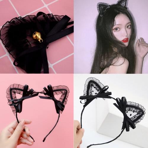 Cute Mesh Lace Black Cat Ear Ribbon Headband Girls Fashion Sexy Hairband Baby Birthday Party Lady Hair Hoop Makeup Accessory