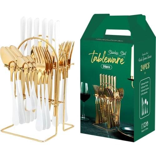 24pcs Gold Dinnerware Set Stainless Steel Tableware Set Knife Fork Tea Spoon Luxury New Creativity Cutlery Set With Storage Rack