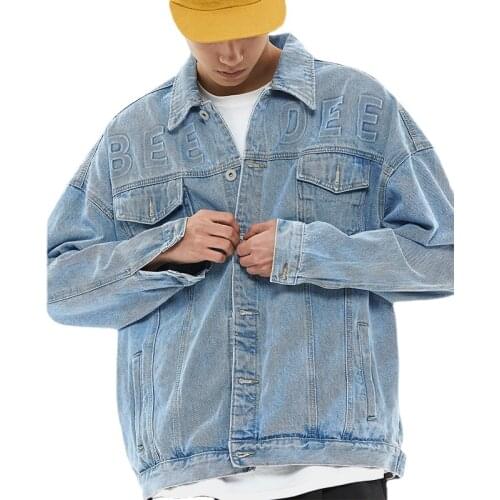 Spring and Autumn 2021 Mens New Washed Denim Jacket Three-Dimensional Letter Steel Seal Loose Two-Color Mens Jacket Top