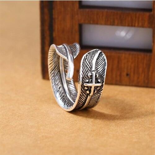 New European Style Atmosphere 925 Sterling Silver Jewelry Feather Cross Personality Big Leaf Opening Rings SR650