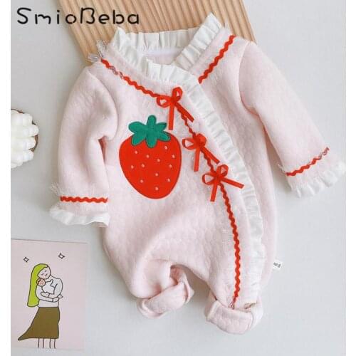 0-2 Years Old Baby Korean Style One-piece Bodysuit Newborn Kids Strawberry Embroidery Creeper Long Romper Infantil Girl Jumpsuit
