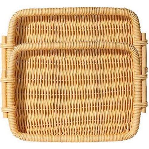 Rectangle Natural Rattan Bread Basket for Serving, Rattan Trays with Side Handles for Fruit Food