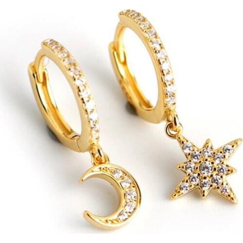 925 Sterling Silver Ear Buckle Girl Star And Moon Pendant Crystal Zircon Hoop Earrings Simple Fashion Birthday Gift