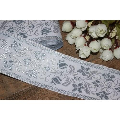 Wide 6.9cm 10yards/lot Polyester Woven Jacquard Ribbon white background gray flpwers pattern LS-3442