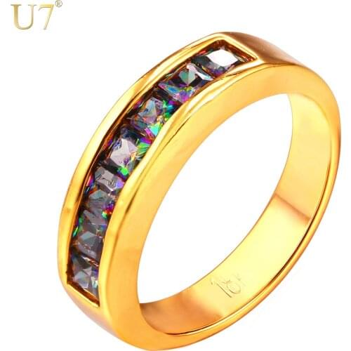 U7 Zircon Brand Ring Fashion Jewelry Gold Color 5MM Wide Party Gift Round Rings For Women R426