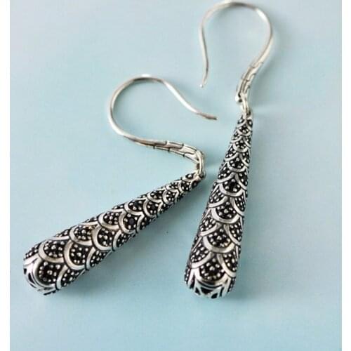 BOCAI new s925 sterling silver jewelry women earrings retro ethnic style fish scale pattern black agate long earrings for women