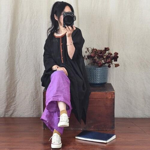 Women Loose Linen Dress Ladies Patchwork Dresses Female 2021 Summer Vintage Flax Dress