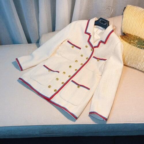 Temperament New of aristocratic high end double breasted small sweet wind tweed red blue ribbon color navy wind coat