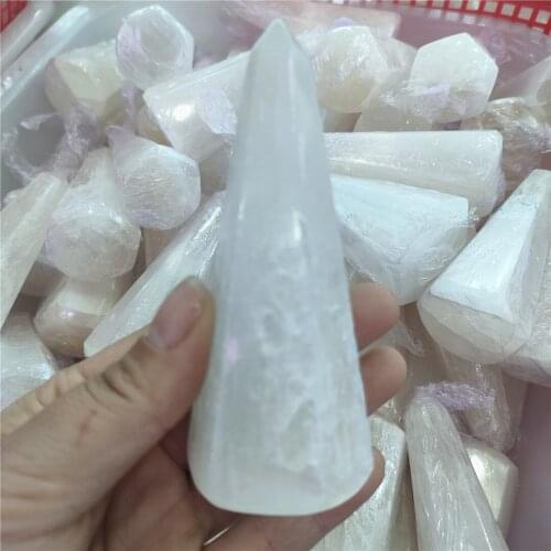 90-100mm Natural White Gypsum Selenite Single Point Wand Carving Crystal Gemstone Reiki Chakra Healing Gift 1pcs