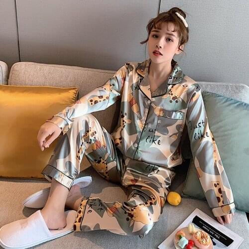 Satin womens pj sets Women Silk Pajamas Pyjamas Set Sleepwear ladies Long Sleeve nightwear Cute Top and Long Pants Pijama suit