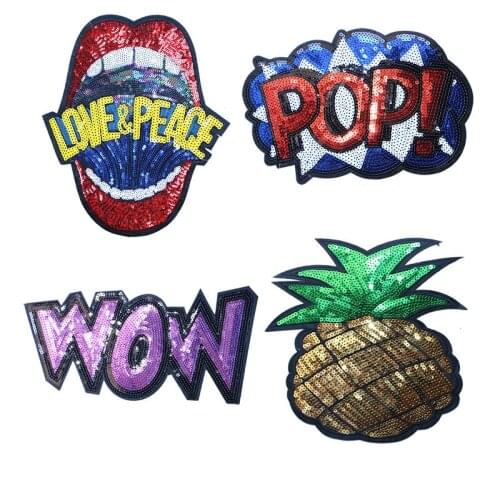 Large Sequin Fruit Pineapple Red Lip Sticker Letter Strip Lroning Sewing Applique Clothing Bag Accessories DIY Embroidery Badge