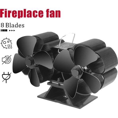 Dual Head 8 Blades Powered Stove Fan Aluminium Silent Eco-Friendly For Wood Log Burner Fireplace Fan Home Heat Distribution