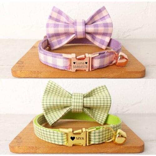 Cotton Personalized Cat Collar with Bell Bow tie Necklace Engraving ID Tag Customized Collar for Cats Kitten Small Dog Puppy