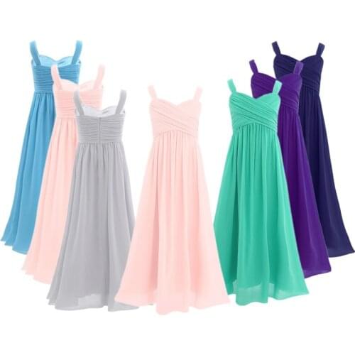 Kids Girls Chiffon Pleated Flower Girl Dress Floor Length Ruched Holy Communion Dresses Wedding Birthday Kids Party Maxi Dresses