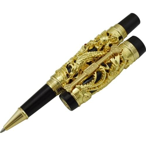 Jinhao Dragon Phoenix Vintage Luxurious Rollerball Pen, Metal Carving Embossing Heavy Pen, Noble Golden & Black for Office