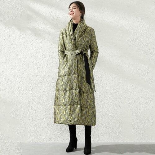 Winter new jacquard down jacket female double-layer v-neck long belt thickening feather coat of cultivate morality