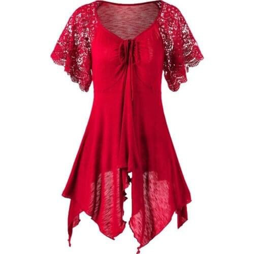 2020 Summer New Boutique Large Size Womens Solid Color Round Neck Sexy Lace Stitching Irregular Temperament Short-sleeved Dress