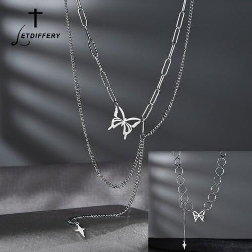 Letdiffery Fashion New Multi-Layer Chain Star Necklaces Stainless Steel Butterfly Pendant Necklace For Women Girls Party Gifts