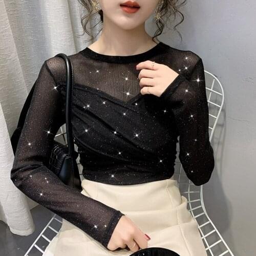 Black Shinning Mesh Fashion T Shirts Womens Full Sleeve O-neck Tshirt Tees Girls Stretchy Crossed Front Tops for Female