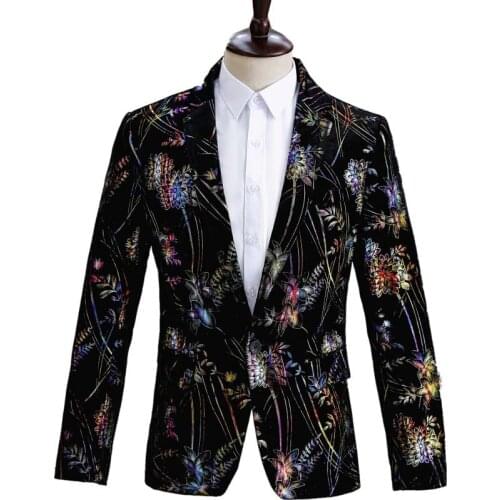 2021 Mens Wear & Black Velvet Color Printed Suit Stage Performance Singer Performance Suit Jacket