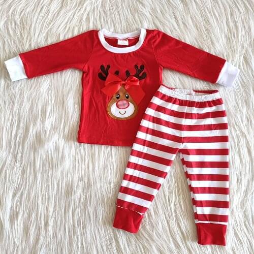 Latest winter christmas girls outfit with red bow long sleeve top and stripe clothing set with reindeer print