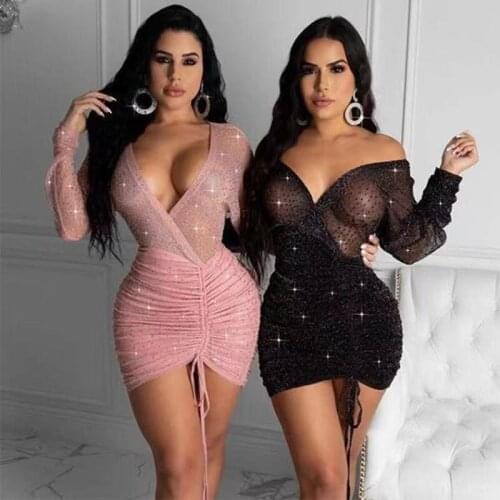 2021 Autumn New Ladies Dress V-neck Sexy Long-sleeved Drawstring Slim Slimming Fashion Casual Woman Clothing Short Skirt WE441