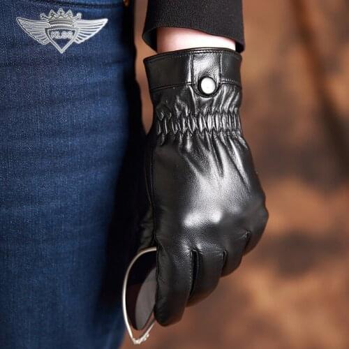 KLSS Brand Genuine Leather Men Gloves High Quality Goatskin Gloves Winter Plus Warm Velvet Black Sheepskin Driving Glove J60