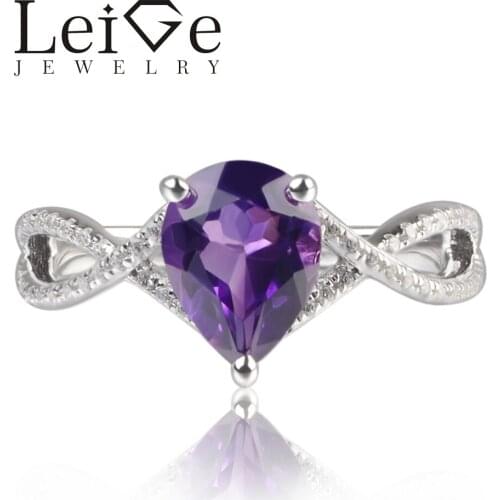 Leige Jewelry Real Amethyst Gemstone Pear Cut Prong Setting Anniversary Rings 925 Sterling Silver Trendy Gifts For Womens
