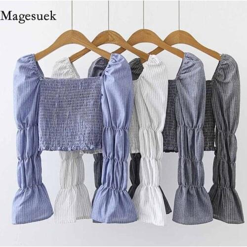 Square Collar Vintage Corset Cotton Pleated White Shirt Expose Clavicle Short Women Tops Blouses Lantern Sleeve Top Blouse 12169