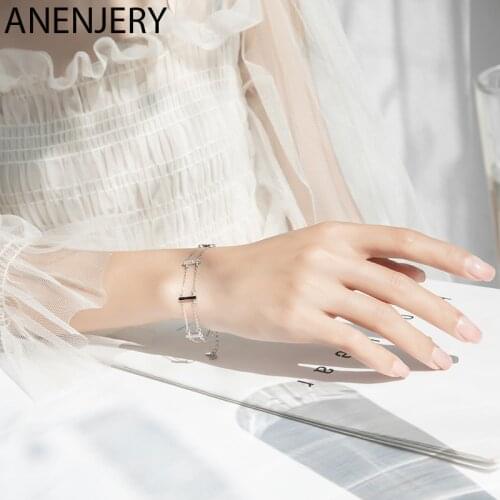 ANENJERY 925 Sterling Silver Simple Fashion Double Layer Zircon Bracelet For Women pulseras Party Jewelry S-B17