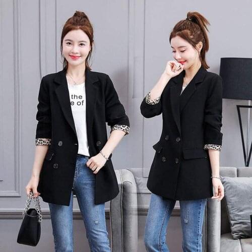 Women Double Breasted Solid Elegant Blazer Female Cuff Leopard Casual Coat High Quality Vintage Jackets Slim Simple Outerwear