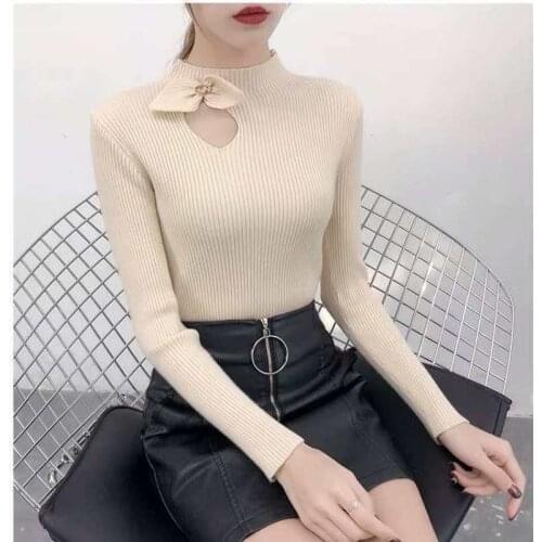 Woman Sweaters Bow Hollow Sweater Slim-Fit Turtleneck Sweater Womens Long-Sleeved Pullover Women