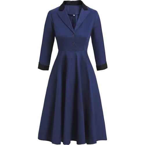 2021 Navy Blue Notched Collar Button High Waist Vintage Robe Women Swing Dress Autumn 3/4 Length Sleeve Office Dress Elegant