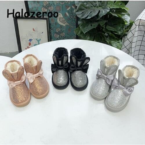 Winter Kids Bow Snow Boots Baby Girls Ankle Boots Children Genuine Leather Shoes Toddler Glitter Brand Boots Black Soft Boots