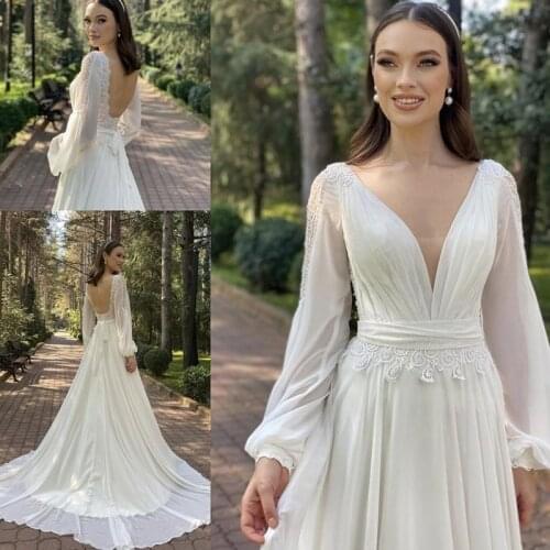 2021 On Sale Summer Ivory Long SleevesBridal Wedding Dresses Plunge V Neckline Lace Applique Wedding Gowns for Bride Back Out