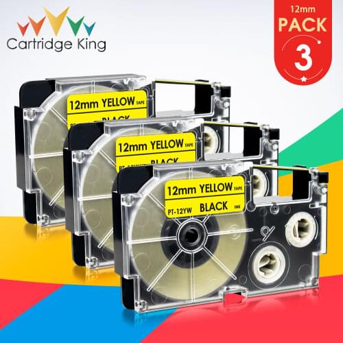 3PCS XR-12YW 1/2" 12mm Black on Yellow for Casio XR 12YW Label Tape for Casio KL-60L KL-100 KL-200 KL-100e Label Maker XR12YW