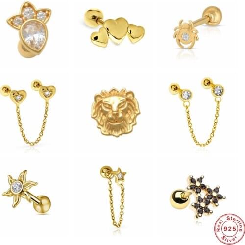 Aide 925 Sterling Silver Lion Head Spider Shape Animal Stud Earrings For Women Zircon Heart Flower Piercing Earring Brincos 1PC