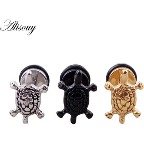 Alisouy 2 pieces Mens Punk Cool Stainless Steel tortoise Turtle Women Ear Stud Earrings cute ear jewelry for men women