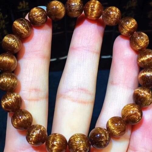 Natural Copper Rutilated Quartz Crystal 14mm Round Beads Bracelet Rare Cat Eye AAAAA