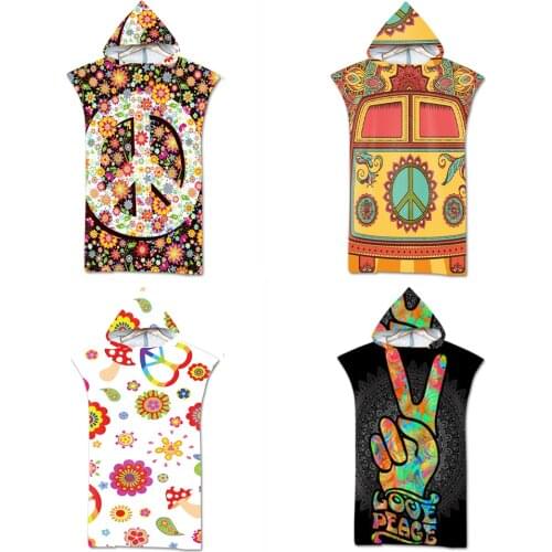 Adult Kids Microfiber Quick Drying Peace and Love Pattern Absorbent Hooded Beach Bath Towel Diving Suit Changing Robes Poncho