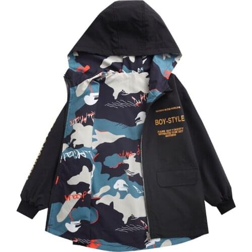 Kids boys double sided wear camouflage hooded jacket lapel new spring / autumn big virgin casual coat 4-12 years old